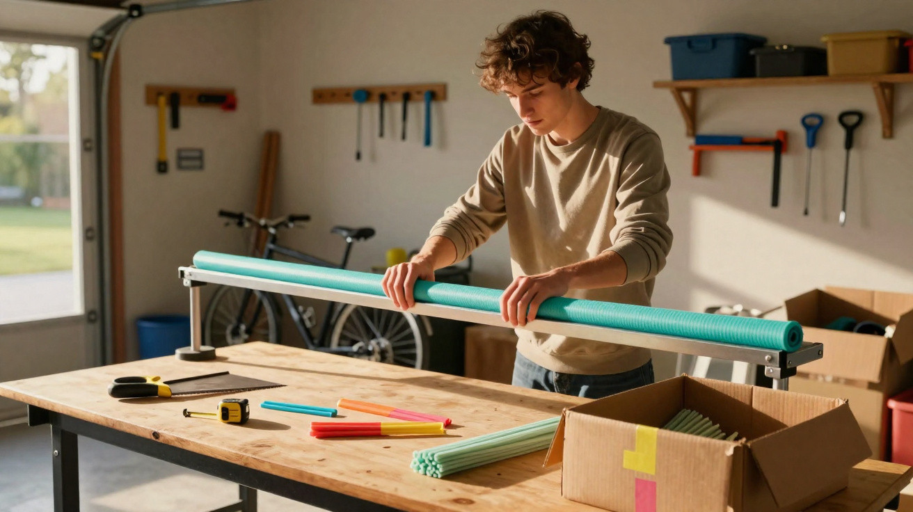Young man measuring and cutting a turquoise pool noodle in a sunlit garage workshop.