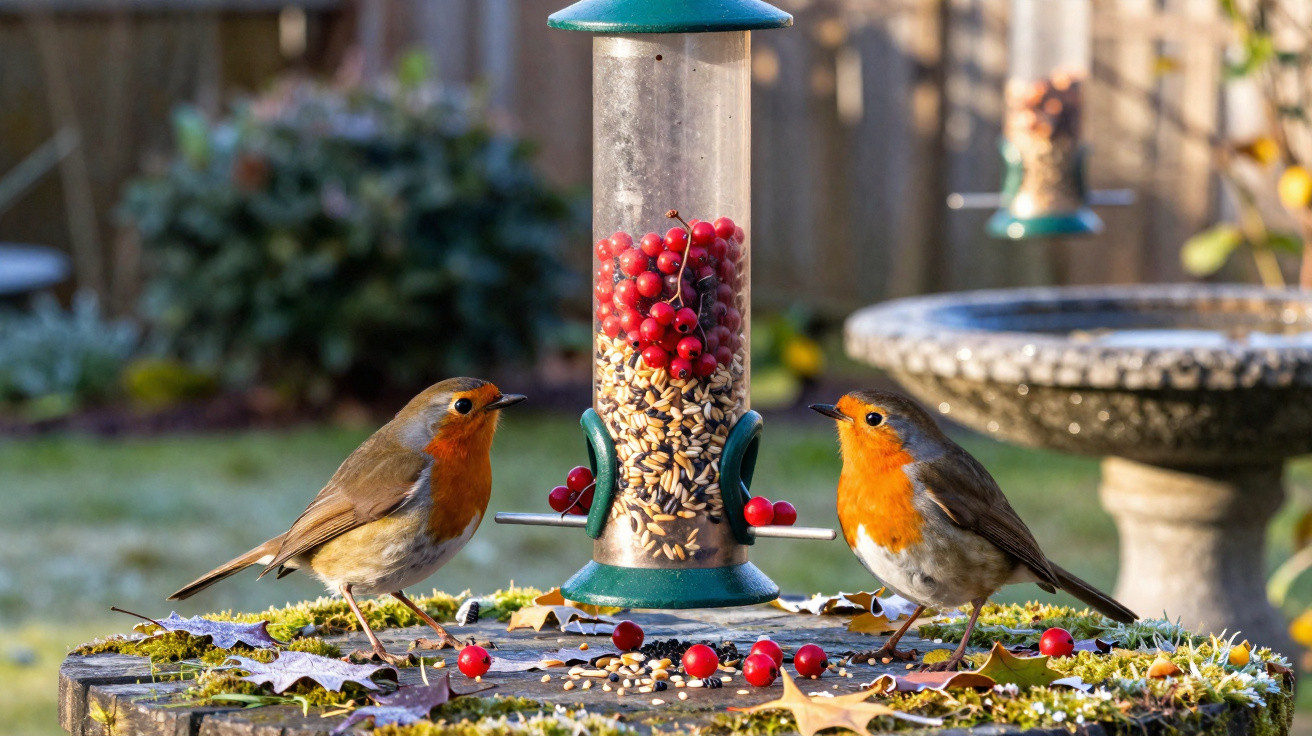 Two robins perched on a mossy tree stump near a bird feeder filled with seeds and red berries.