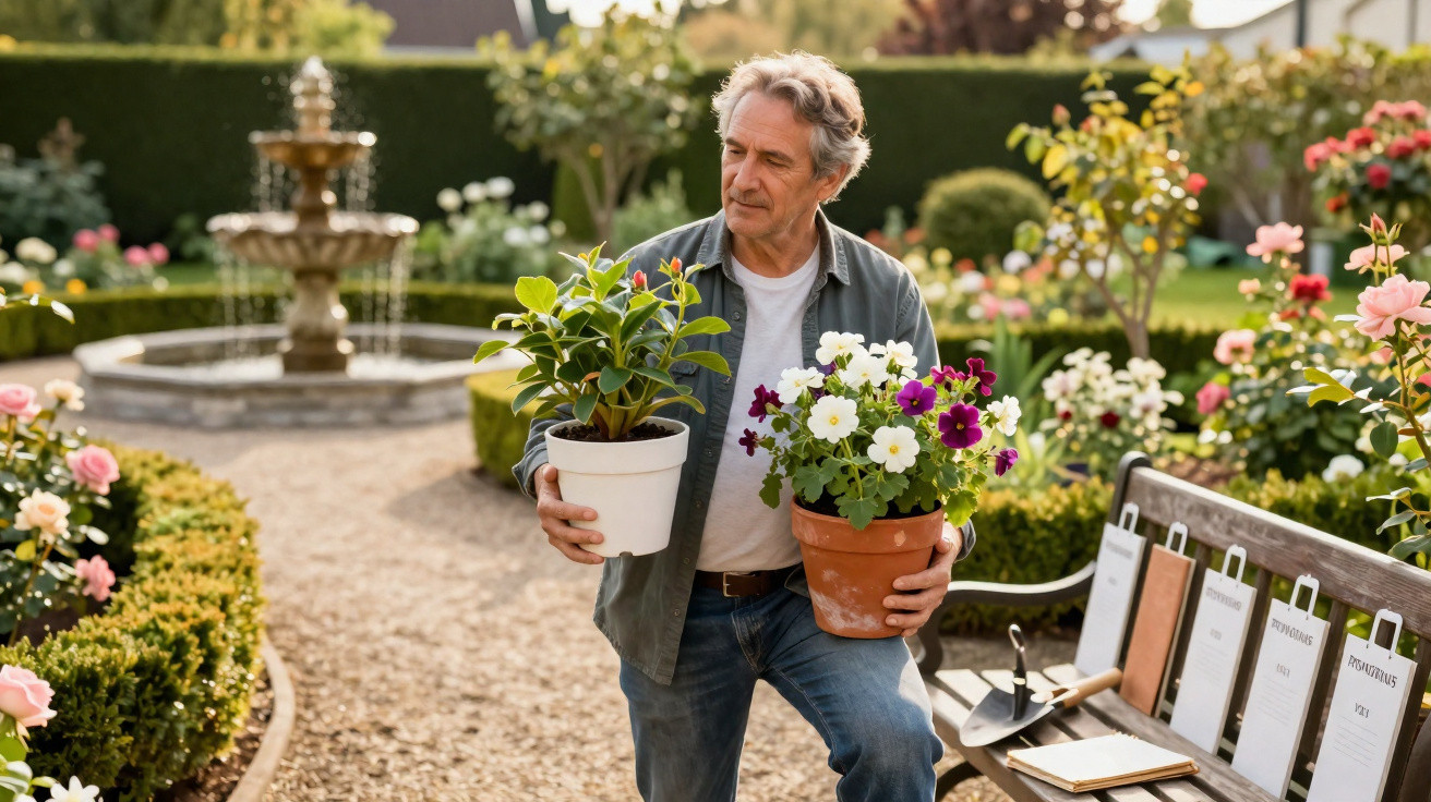 Older man holding two flower pots in a vibrant garden with a fountain and gardening tools nearby.