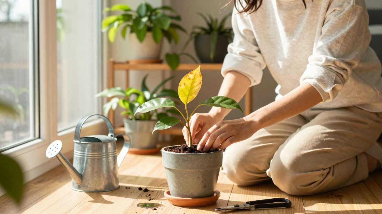 Person kneeling indoors planting a small potted plant beside a metal watering can on wooden floor.