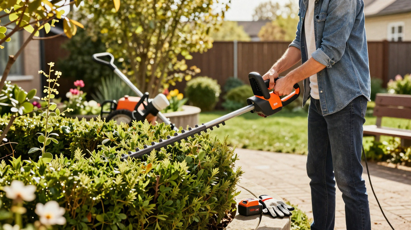 Person trimming green hedges with an electric hedge trimmer in a sunny garden.