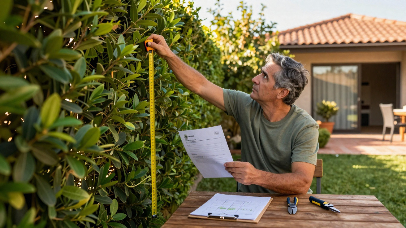 Man measuring hedge height with tape measure while holding gardening plans outdoors.