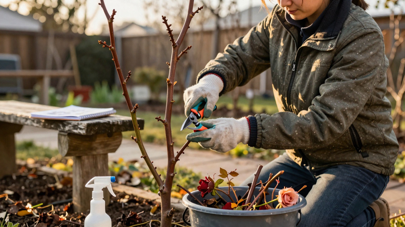 Person wearing gloves pruning a leafless shrub in a garden during late afternoon.