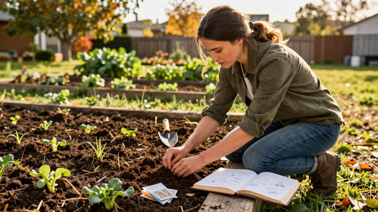Woman planting seeds in a garden bed with an open gardening book and seed packets beside her.