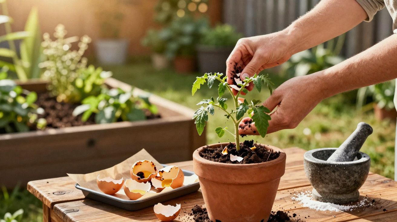 Hands planting eggshell pieces around a young tomato plant in a terracotta pot outdoors.