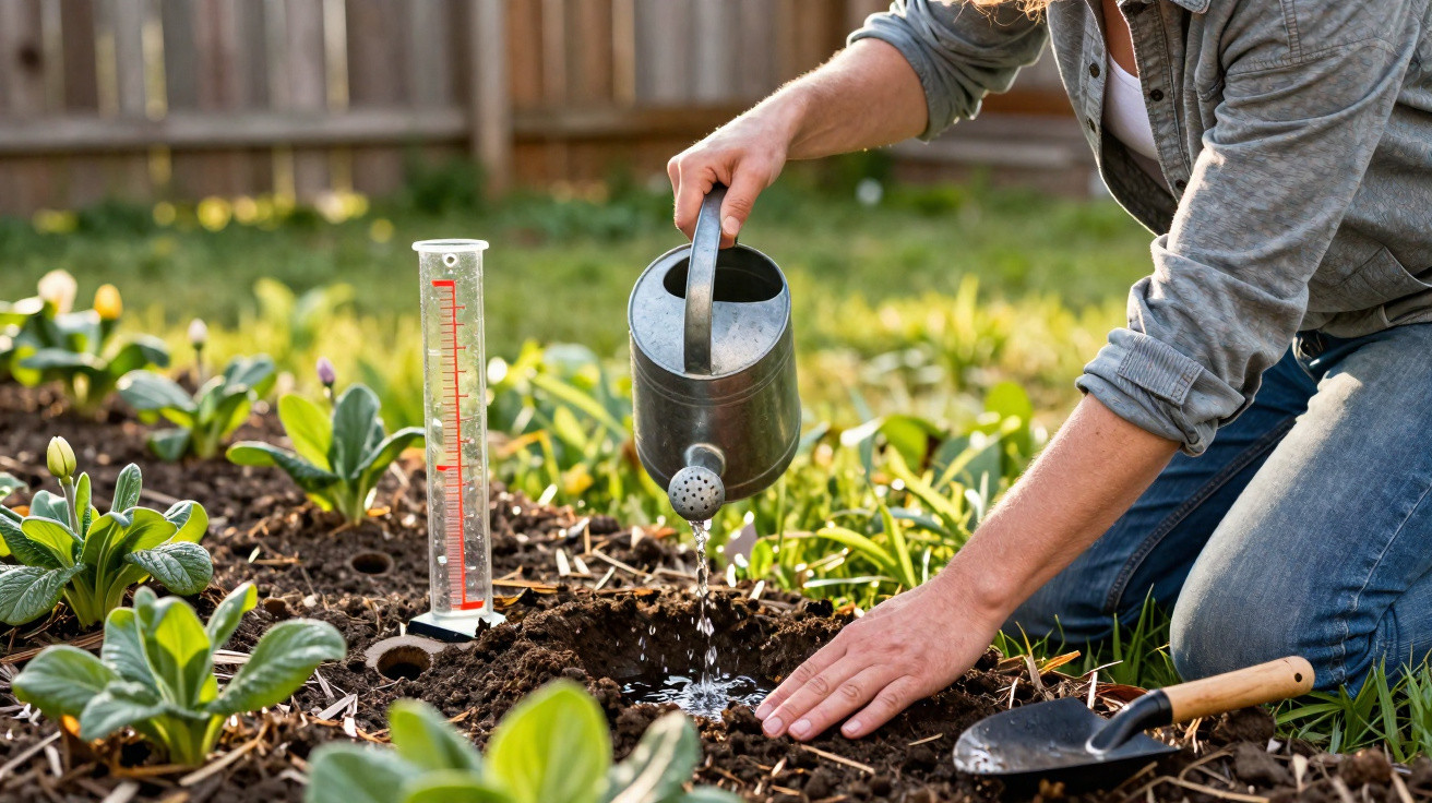 Person watering soil in garden with watering can next to a rain gauge and young plants on sunny day.