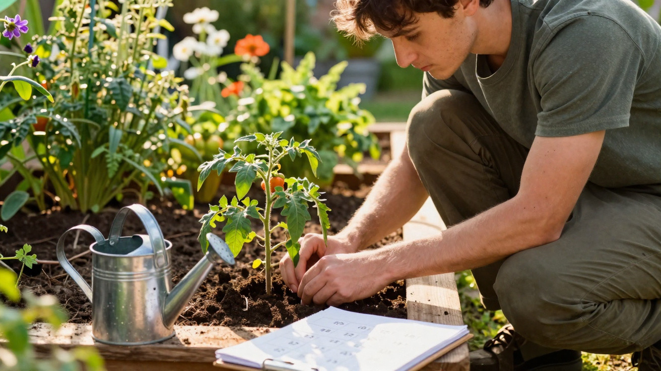 Young man tending to a young tomato plant in a garden bed with a watering can and open notebook nearby