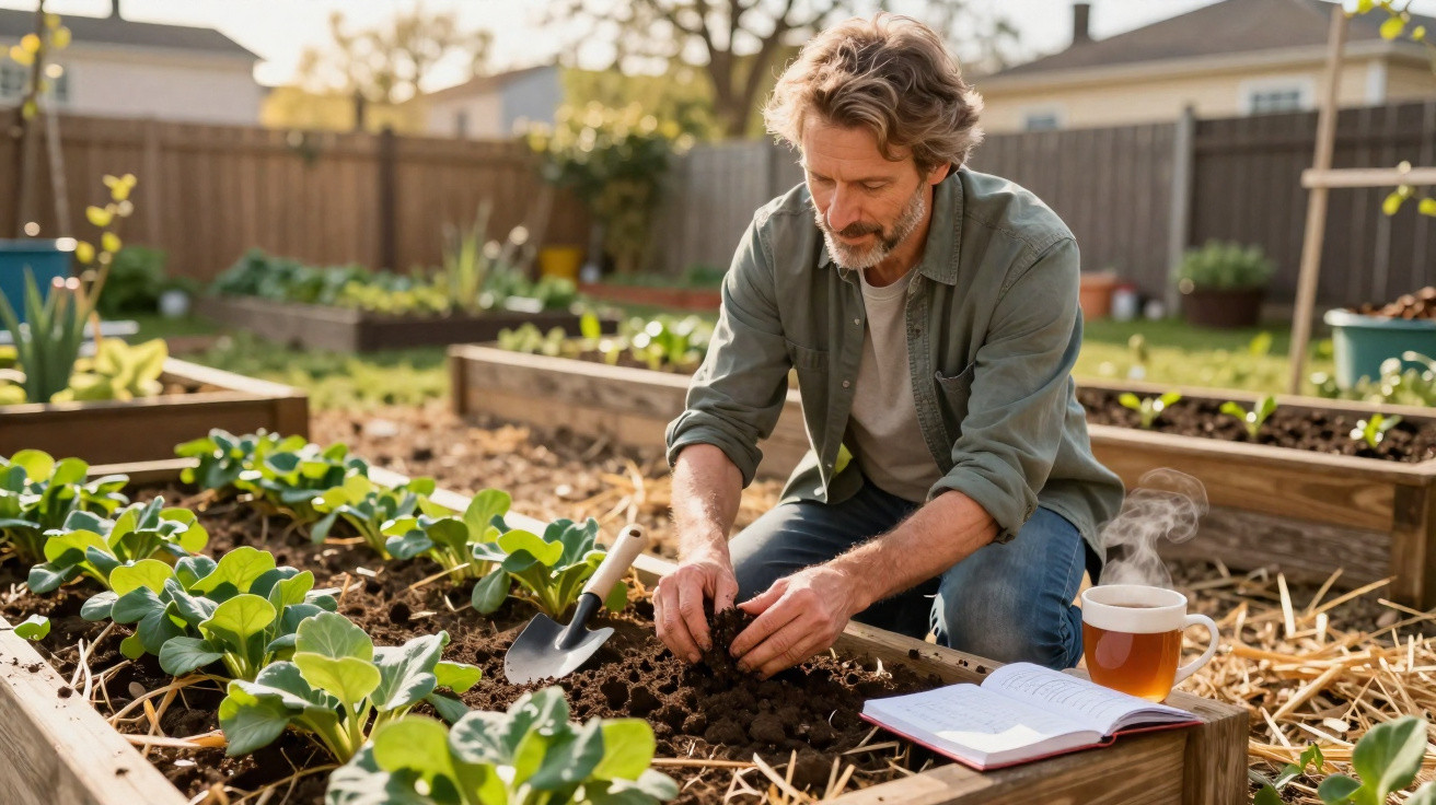 Man tending to a vegetable garden in raised beds with a steaming cup of tea and open book nearby.