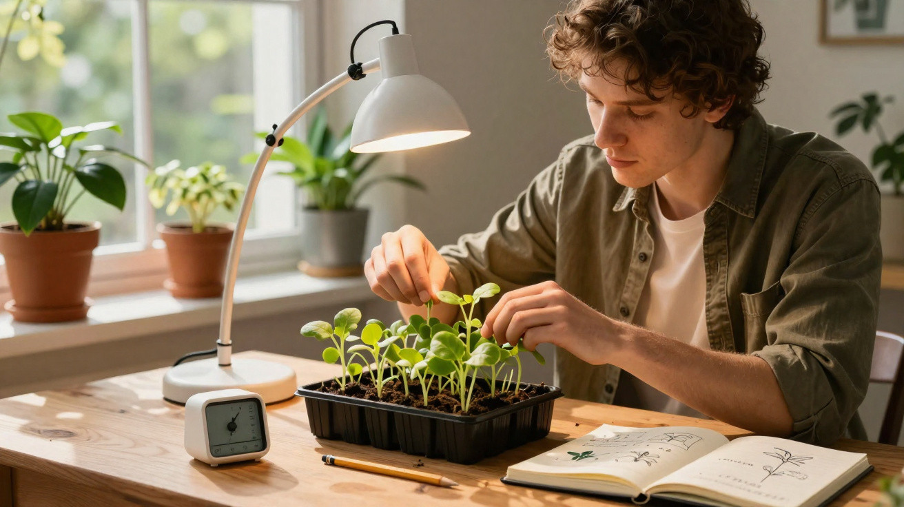 Young man tending seedlings on a wooden table with open plant guide and desk lamp by a window.