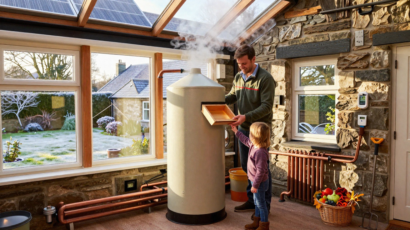 Man and child using a steaming eco-friendly boiler in a sunlit stone cottage conservatory with solar panels.