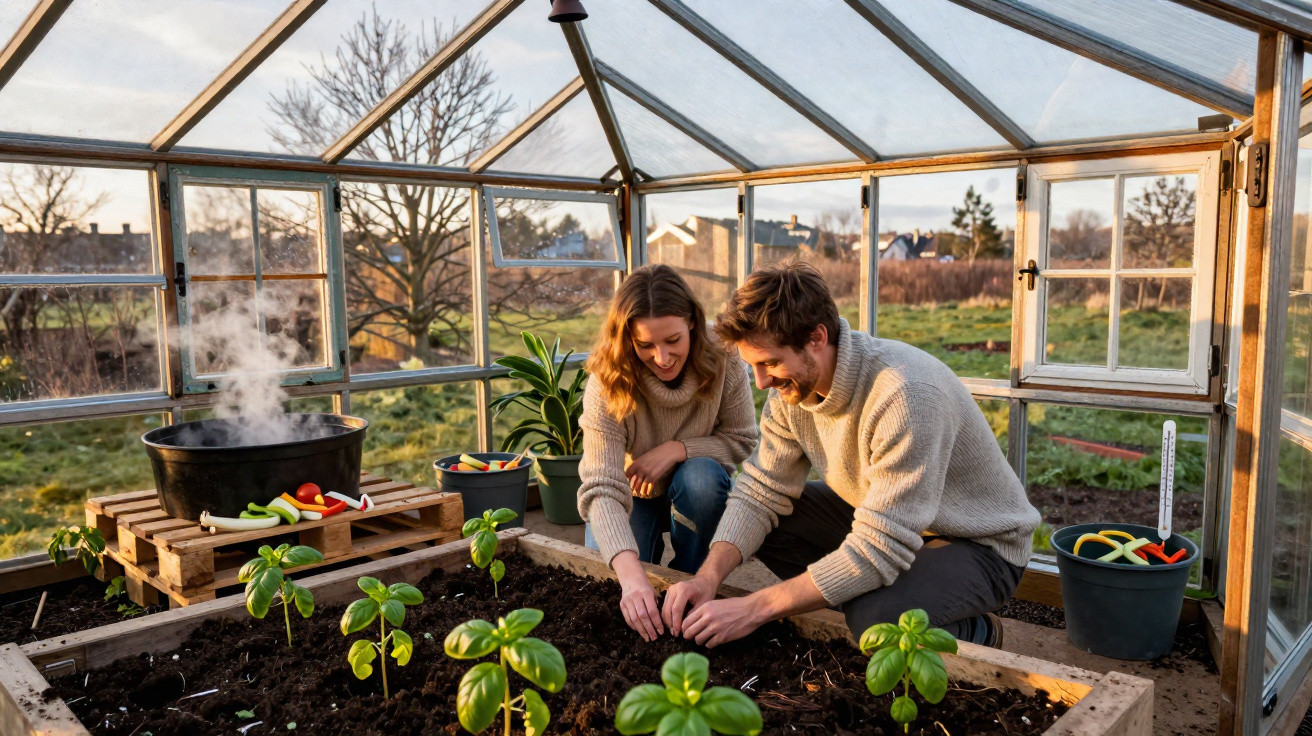 Couple planting seedlings inside a greenhouse with garden tools and steaming pot nearby on a sunny day.