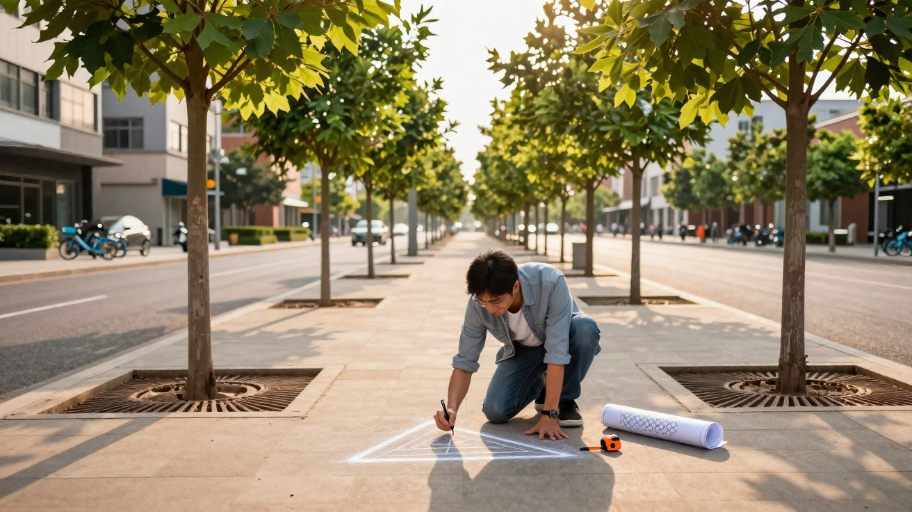 Man kneeling on pavement drawing a geometric shape in chalk alongside rolled-up plans and a tape measure