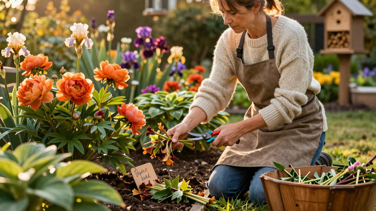 Woman in apron pruning orange and purple flowers in a sunny garden with a basket of cut blooms nearby