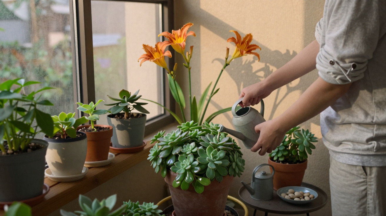 Person watering a variety of potted succulent and flowering plants near a sunny window indoors.