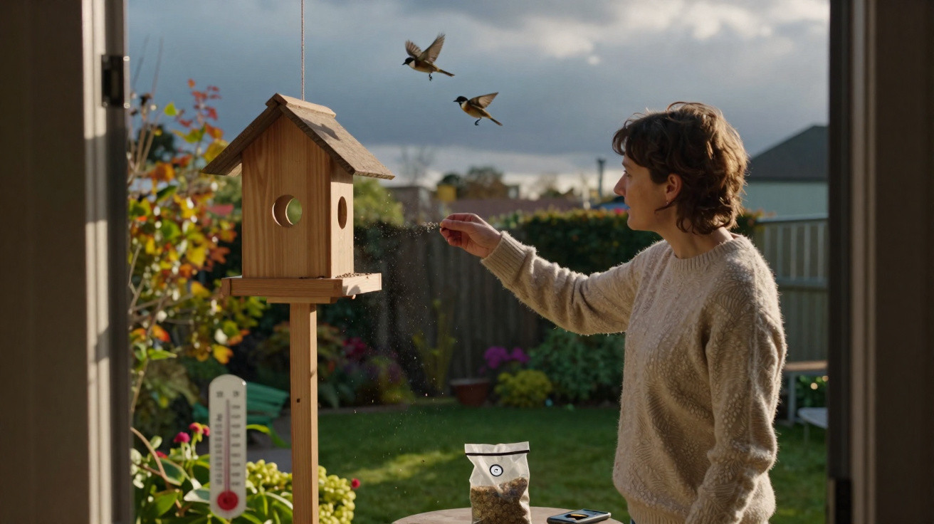 Person feeding birds at a wooden birdhouse in a sunlit garden with flowers and shrubs in the background.