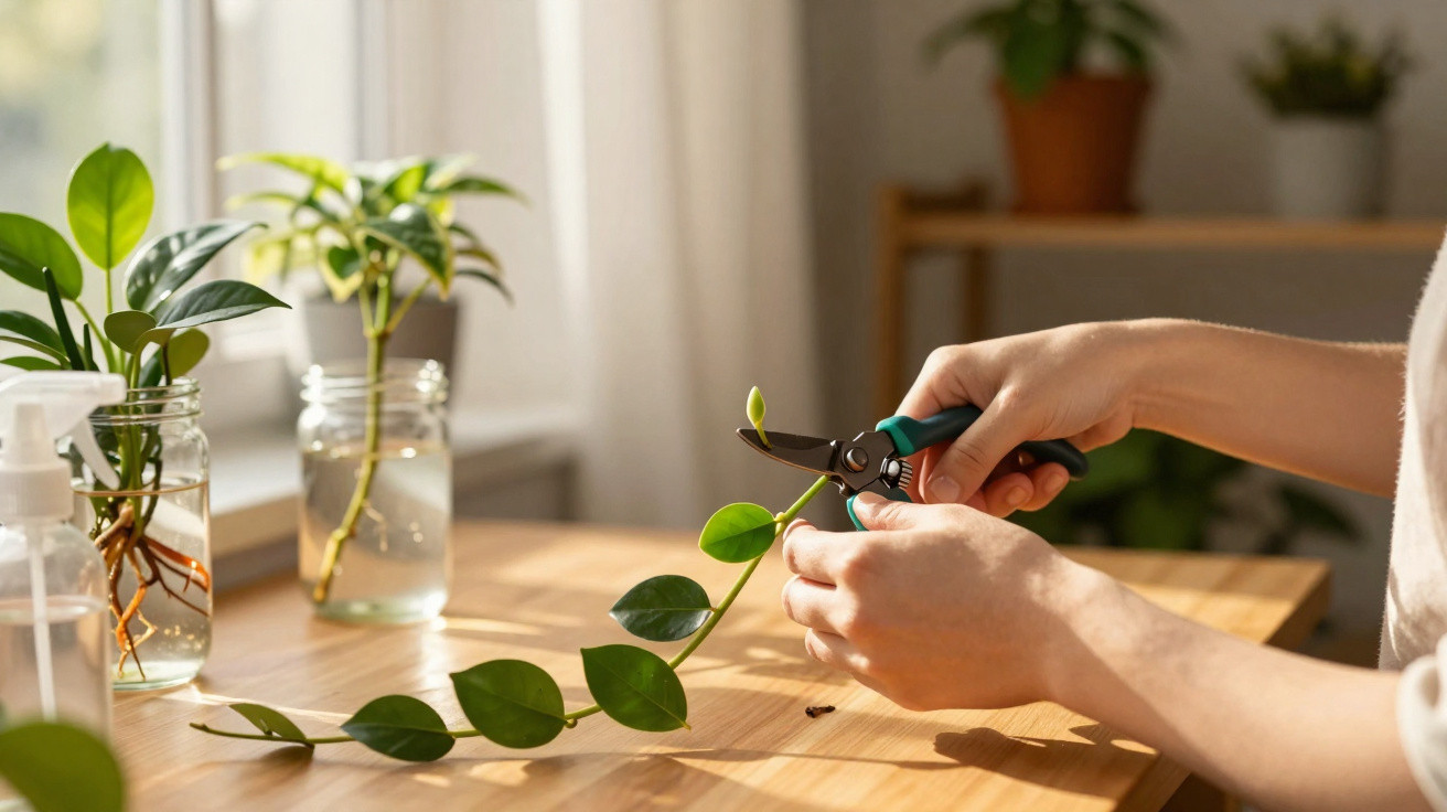 Hands trimming a green leafy plant cutting on a wooden table with jars of water and plants in the background.