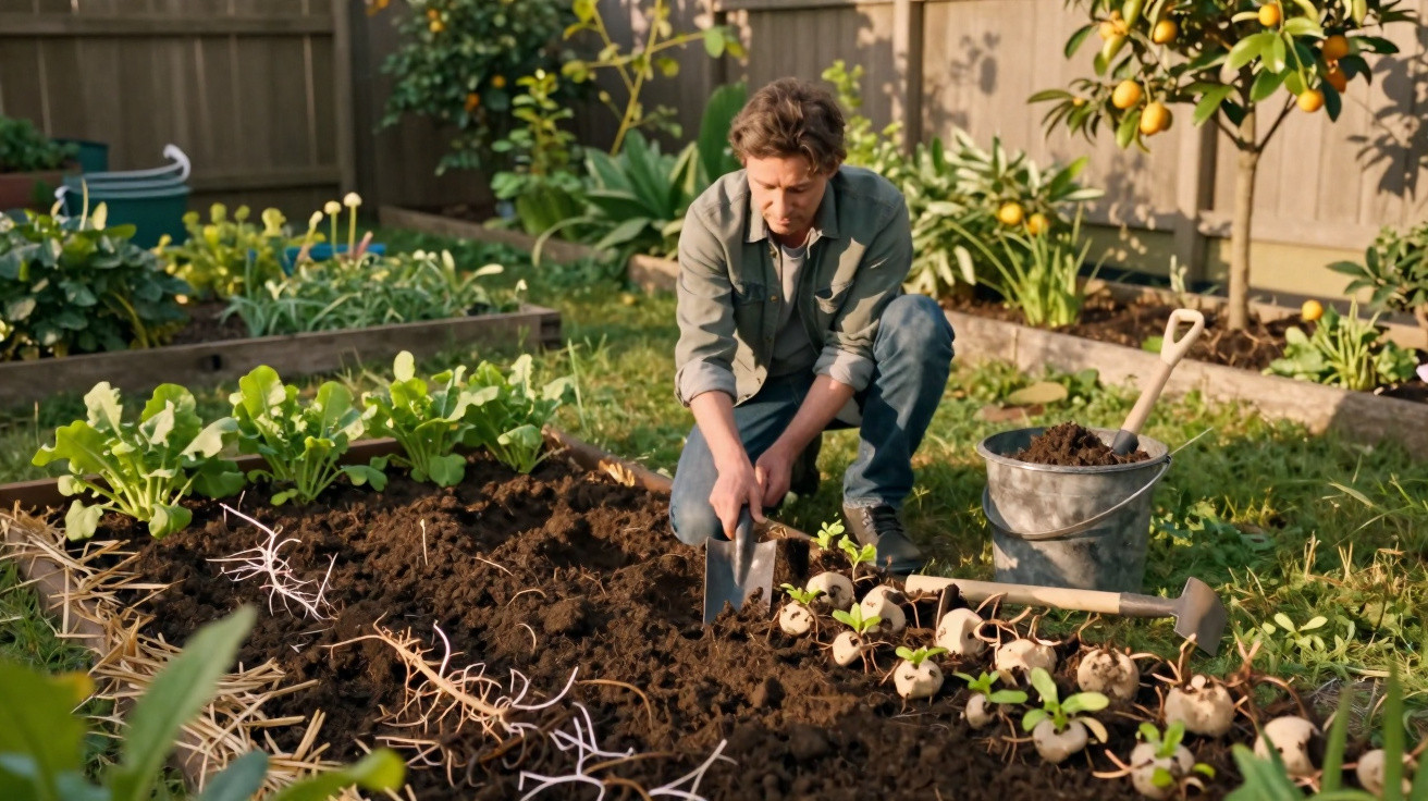 Man kneeling in a garden planting seedlings in soil with gardening tools and a bucket nearby on a sunny day.