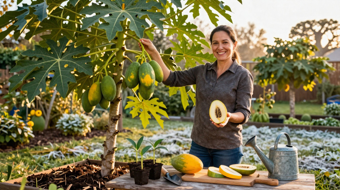 Woman holding a halved papaya next to a papaya tree in a garden with gardening tools on a wooden table.