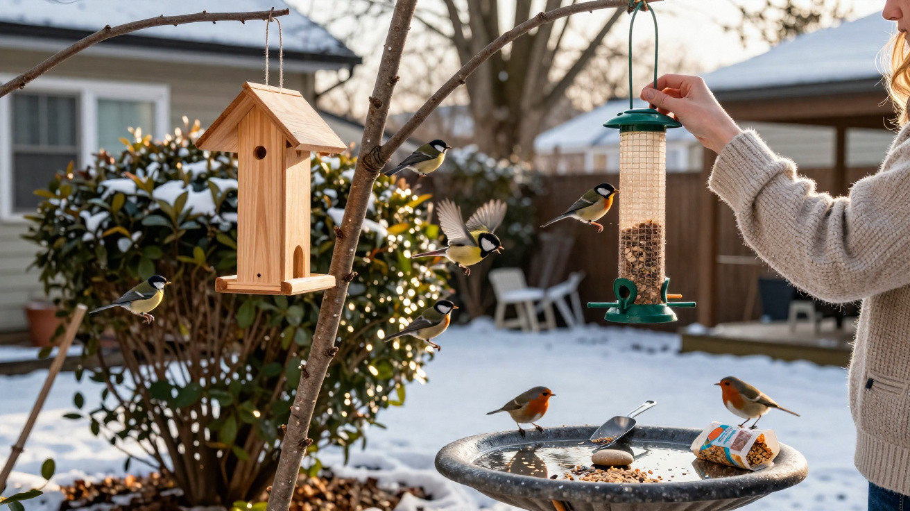 Person refilling bird feeder while various birds gather around in a snowy garden during winter.