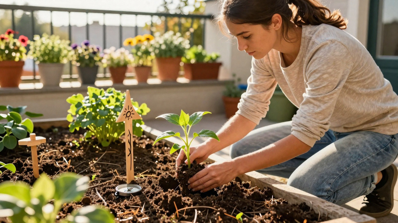 Young woman planting seedling in raised garden bed on sunny terrace with potted flowers in the background.
