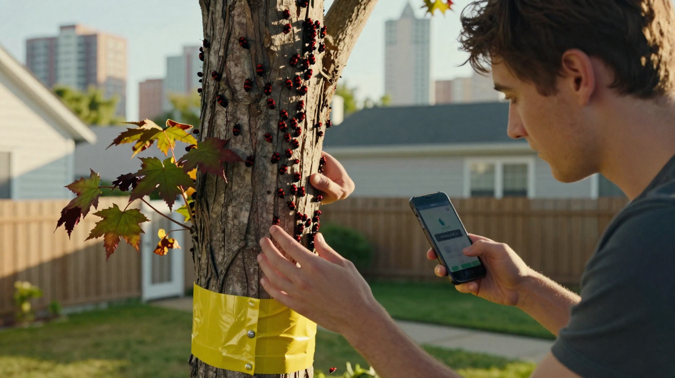 Young man photographing a tree trunk covered with ladybugs in a suburban garden on a sunny day.