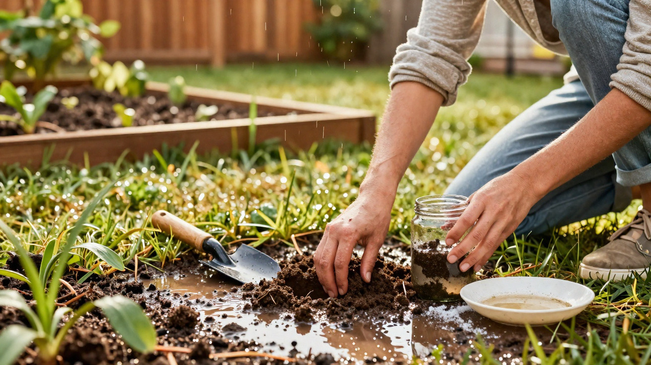 Person kneeling in a garden, planting soil in a jar with gardening trowel nearby on wet ground.