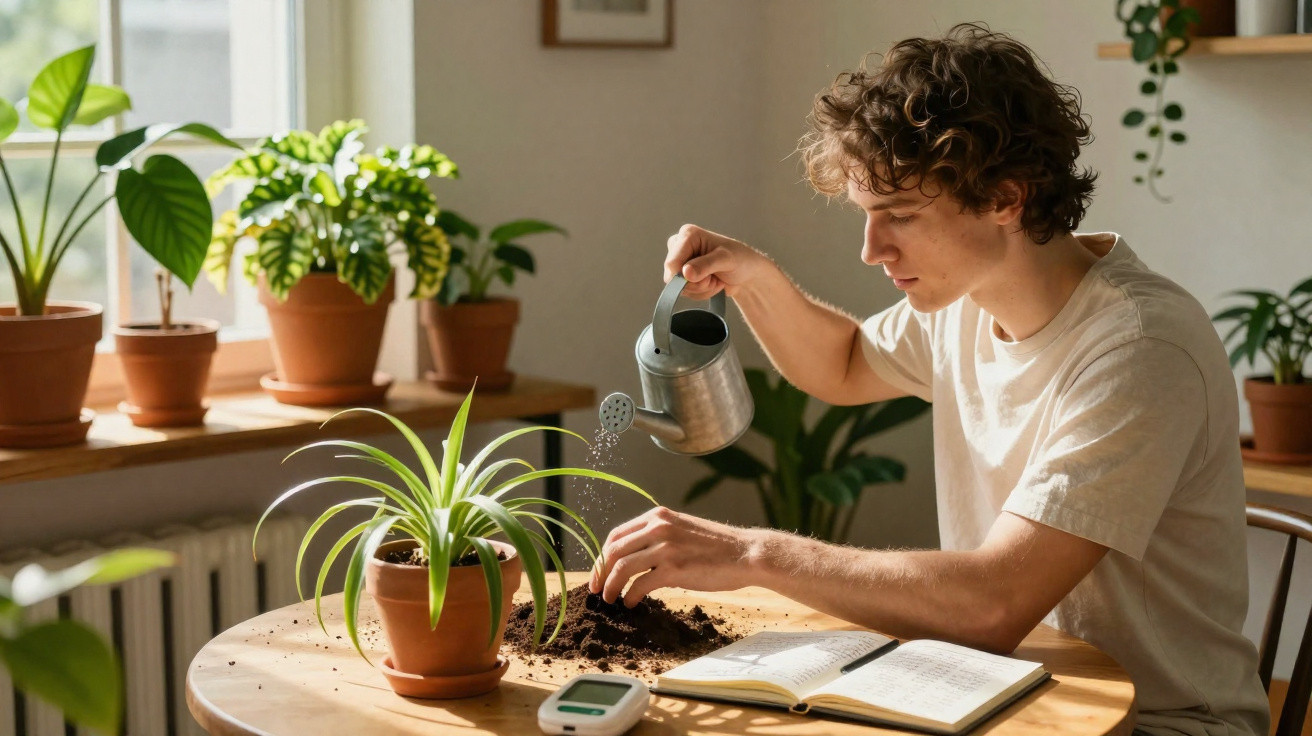 Young man watering a potted plant and repotting indoors at a wooden table with an open book.