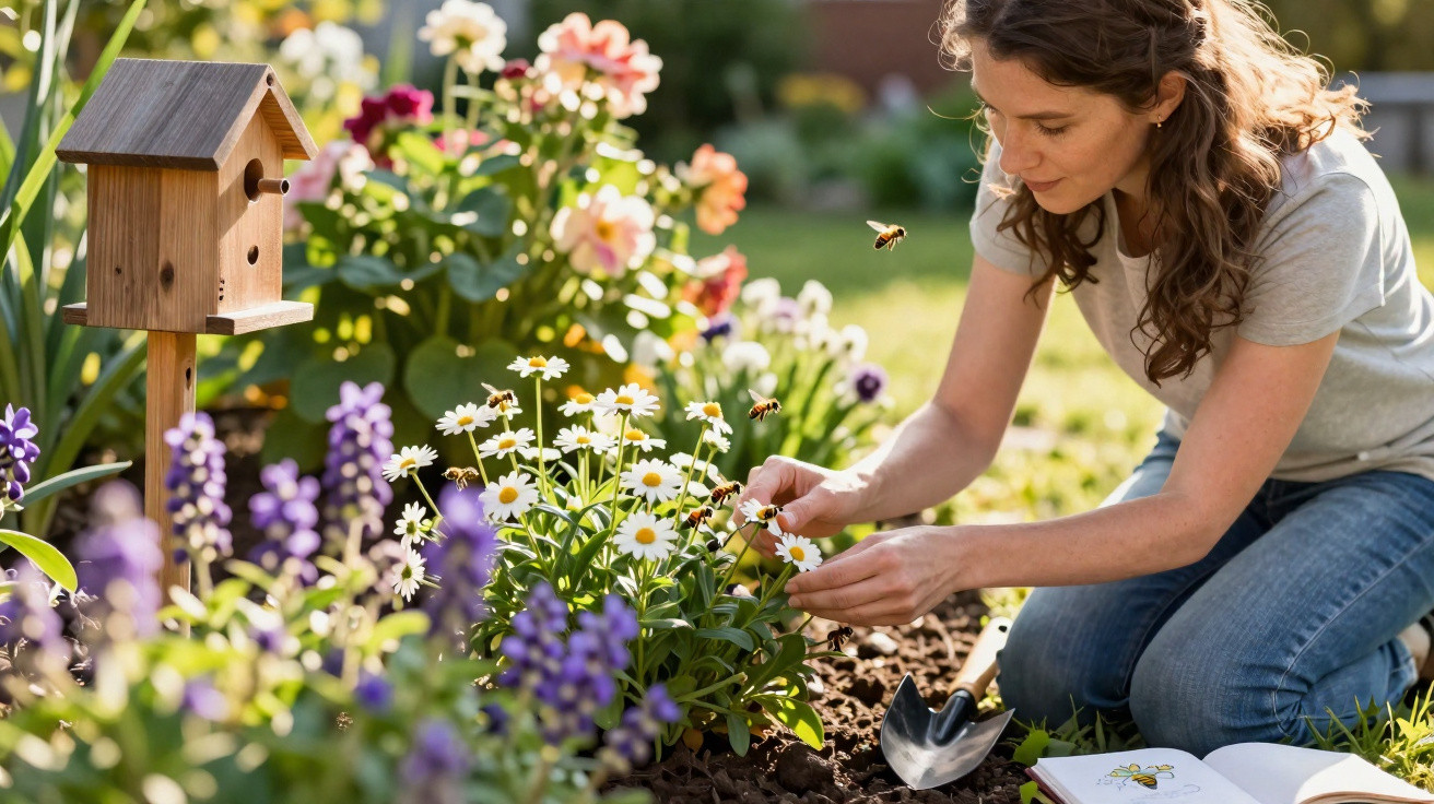 Woman tending to daisies and other flowers in a bright garden with a birdhouse nearby and bees flying around.