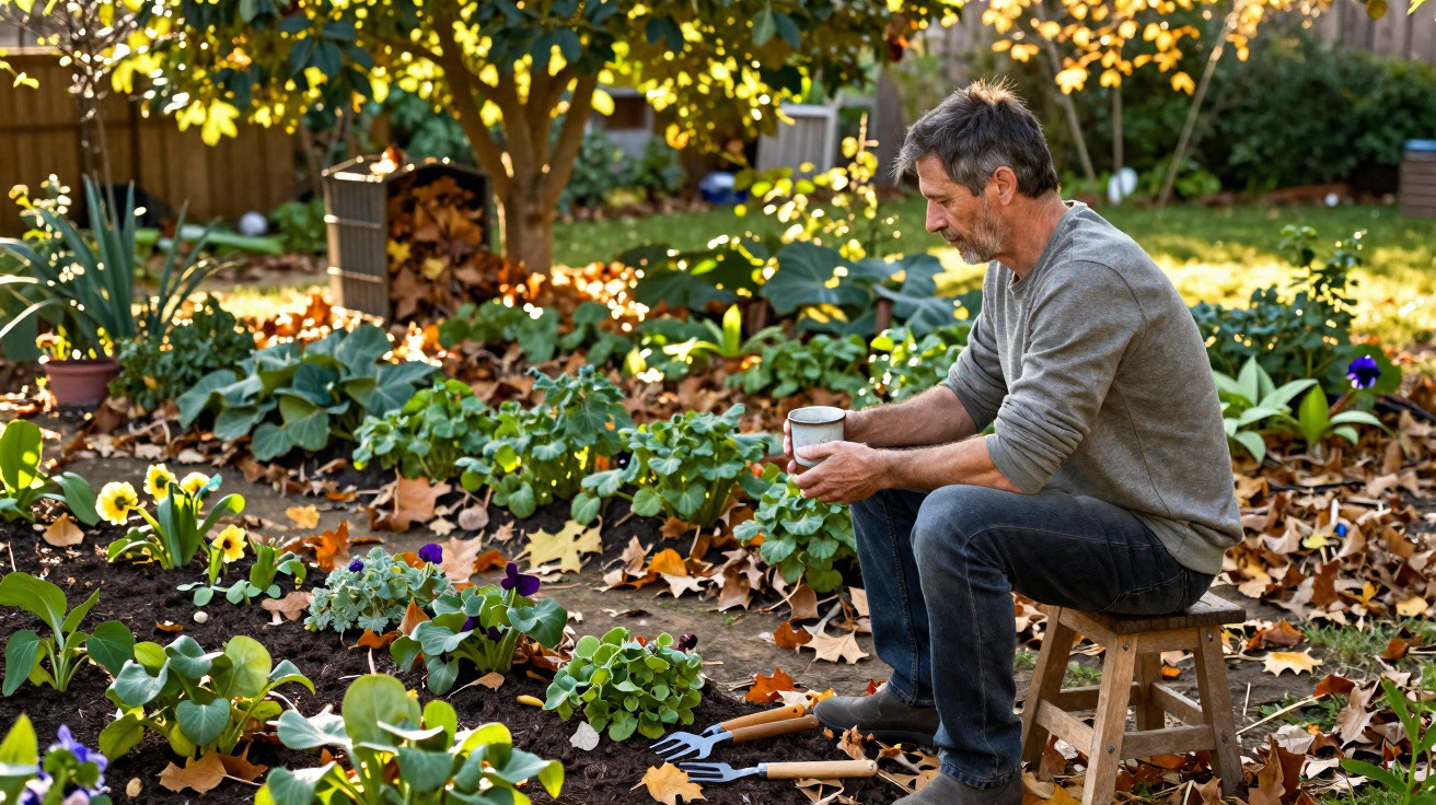 Man sitting on a stool holding a mug in a garden surrounded by flowers and autumn leaves.