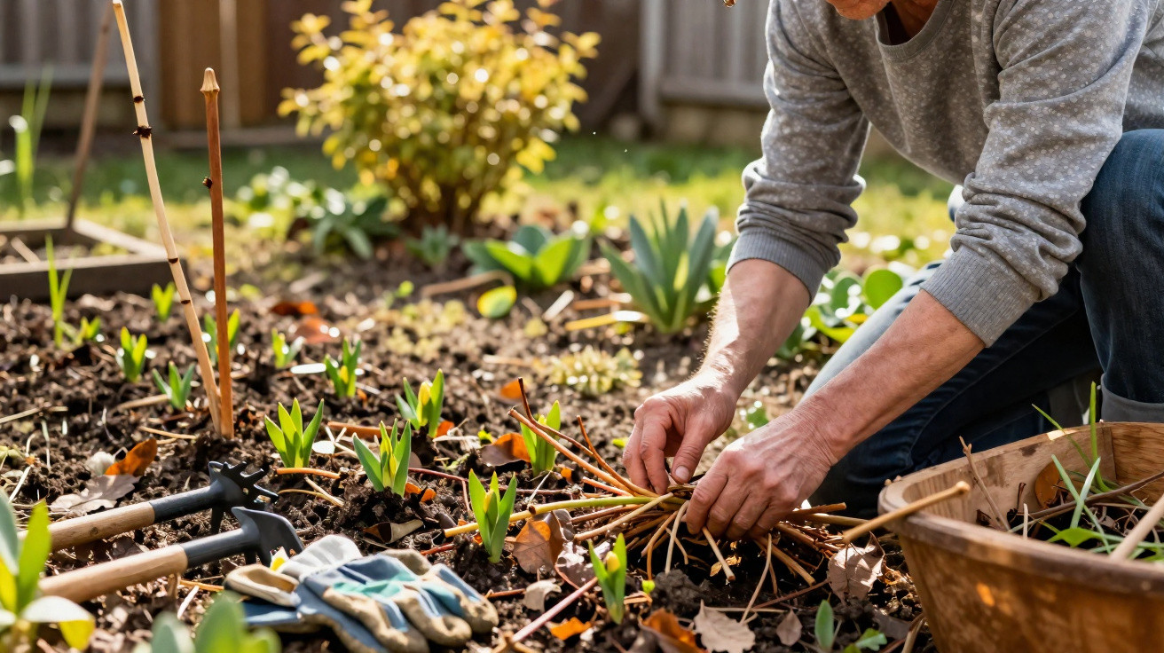 Person kneeling in a garden tying plant stems with gardening tools and a basket nearby in the sunlight.