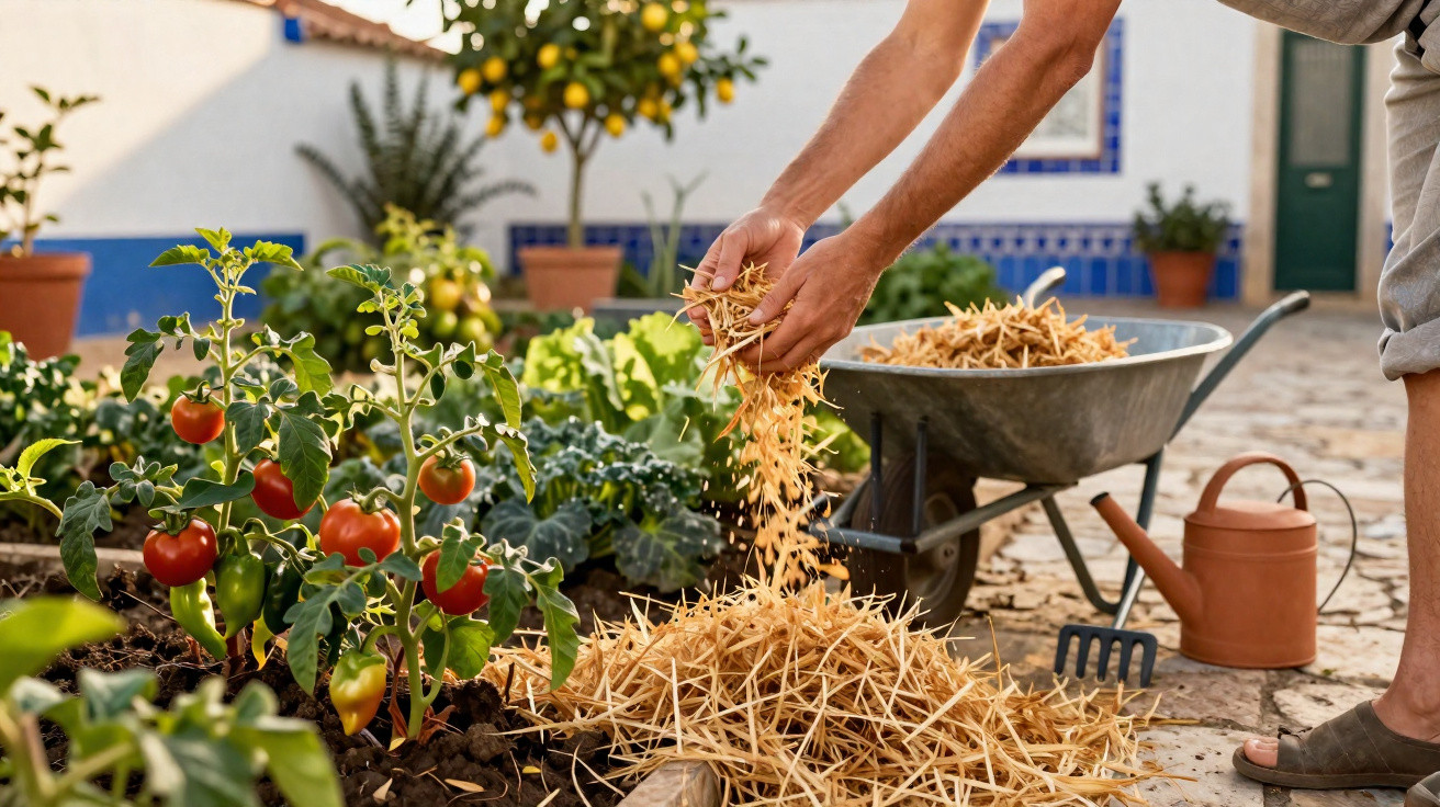Person mulching soil around tomato plants in a garden with wheelbarrow and watering can nearby.