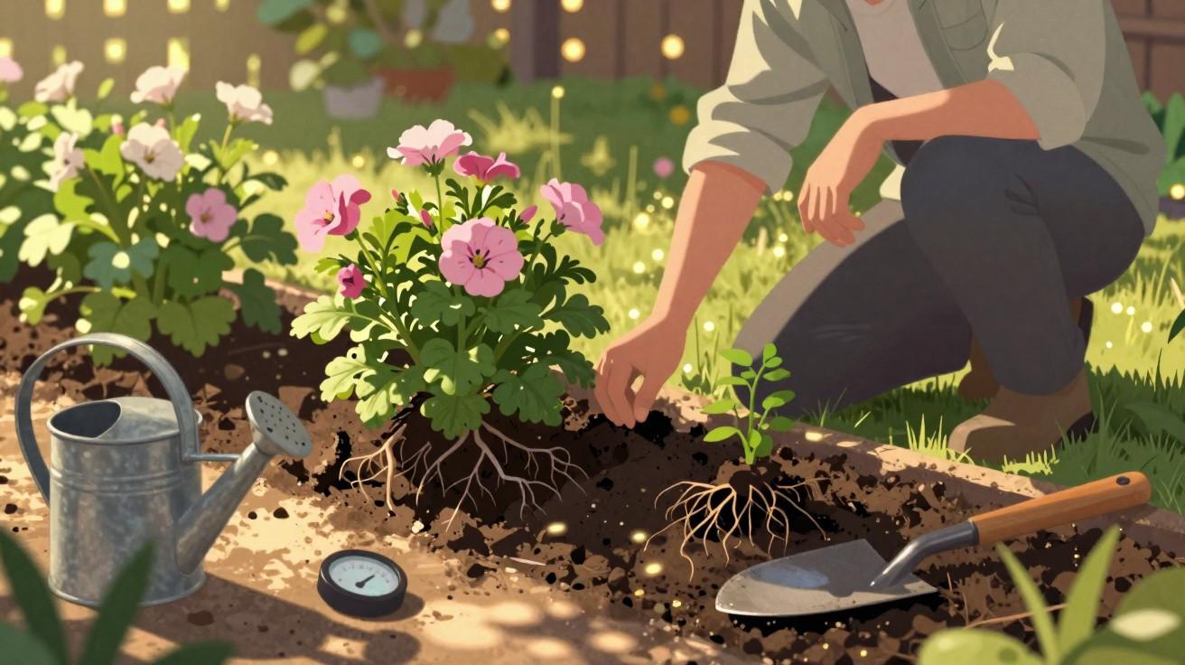 Person planting seedlings in a garden bed with pink flowers, a watering can, soil thermometer, and garden trowel nearby.