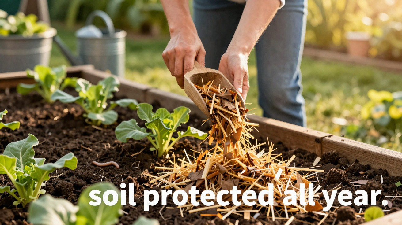 Person spreading mulch over soil in a garden bed with young plants and watering cans in background