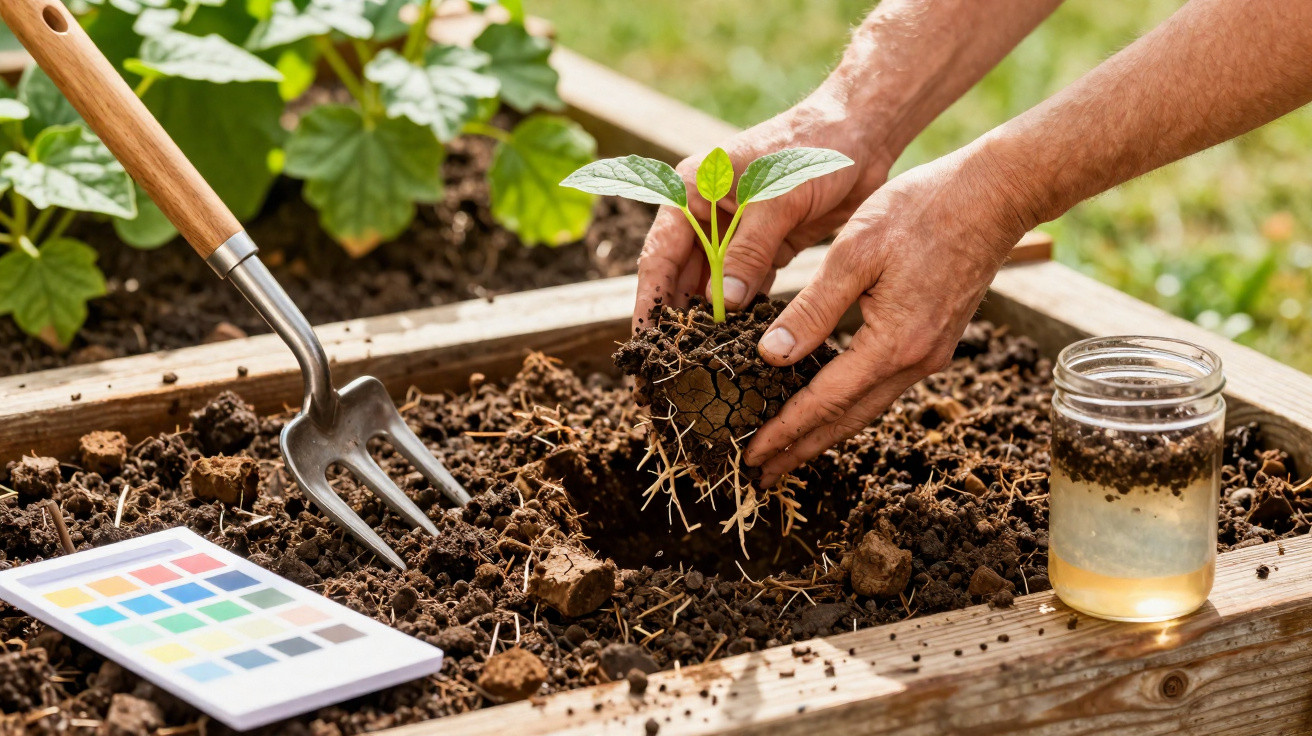 Hands planting a young seedling in soil in a wooden raised garden bed with gardening tools nearby