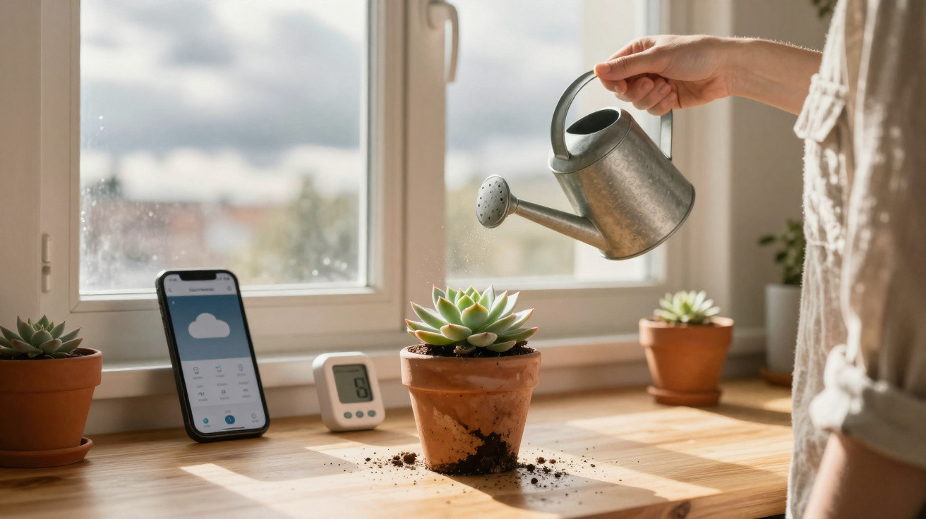 Hand watering a small succulent plant on a wooden windowsill with a metal watering can.