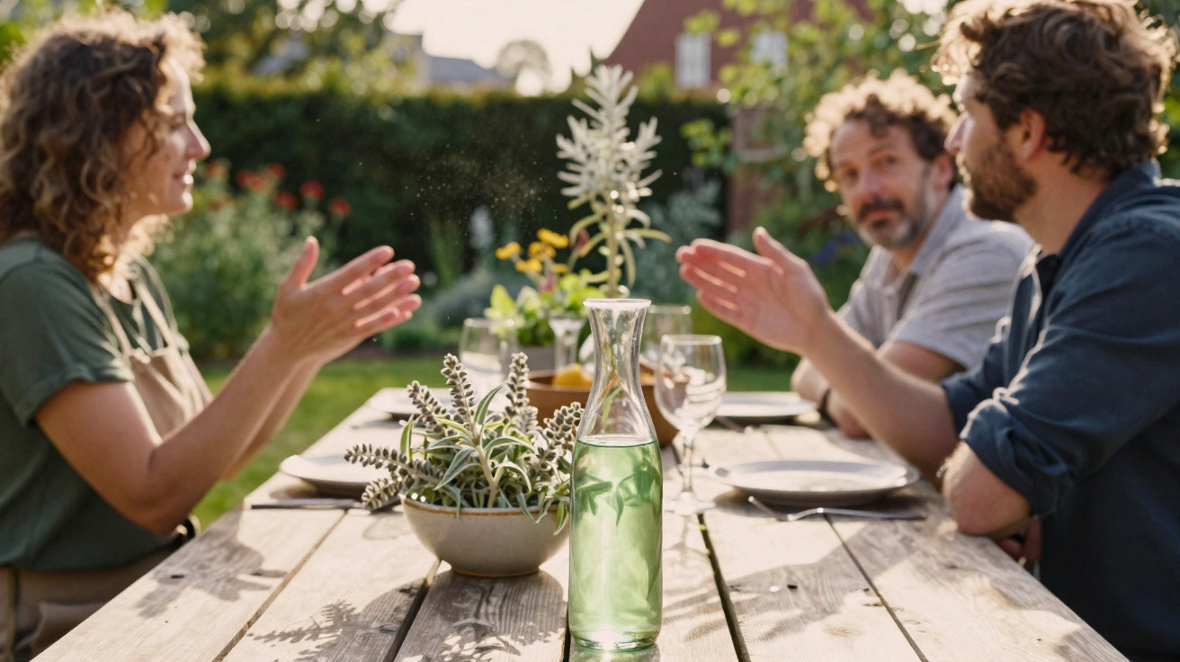 Three people sitting at a wooden table outdoors, talking and gesturing around a vase with plants and a glass bottle.
