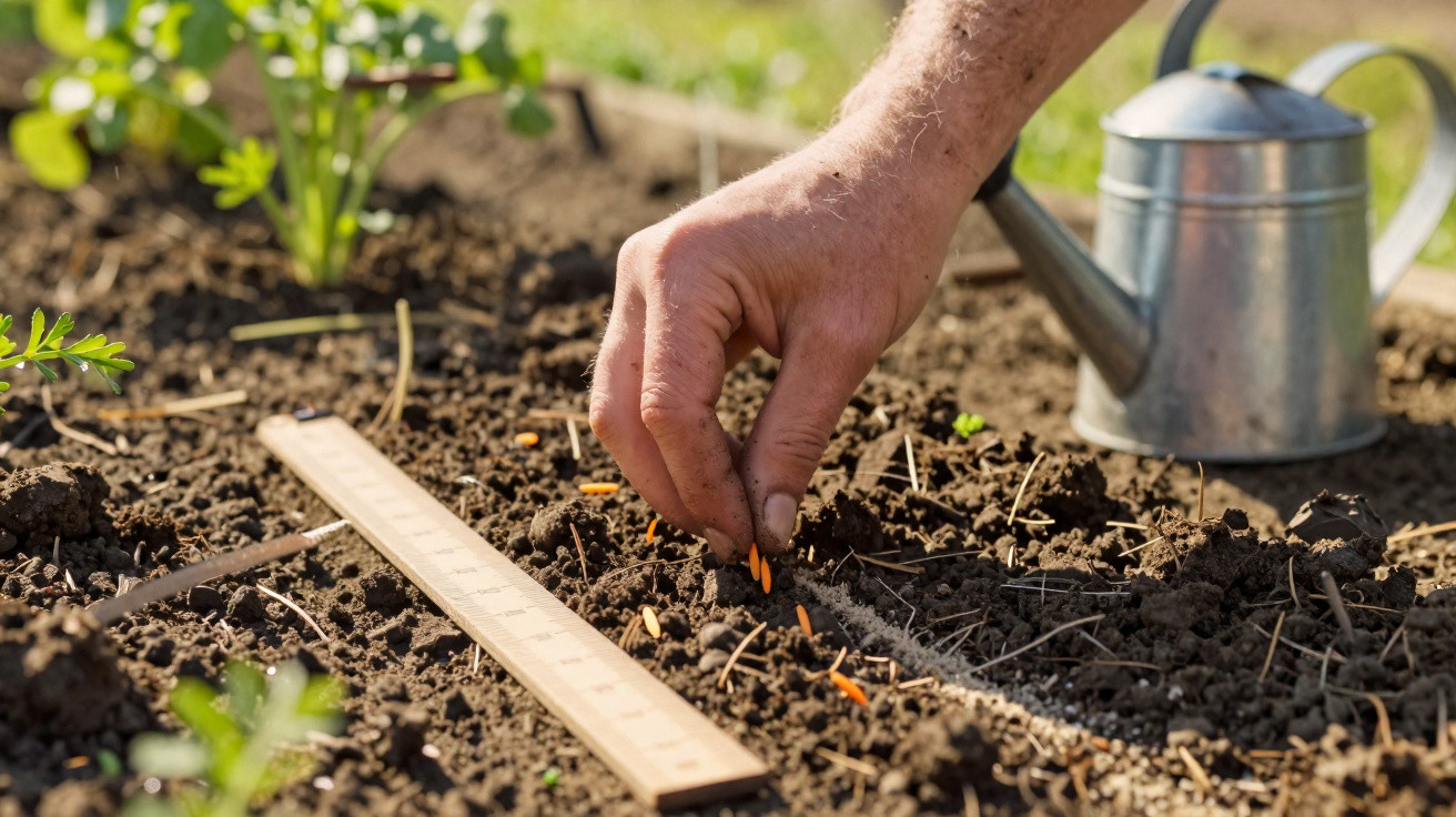 Hand planting seeds in soil next to a wooden ruler and metal watering can in a garden bed.