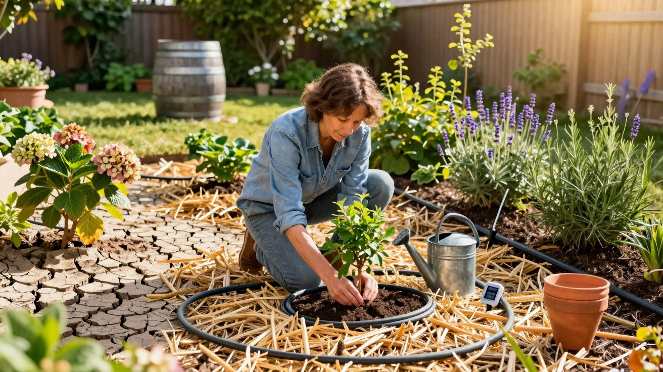 Woman kneeling in a garden planting a young shrub surrounded by lavender, clay pots, and a watering can.