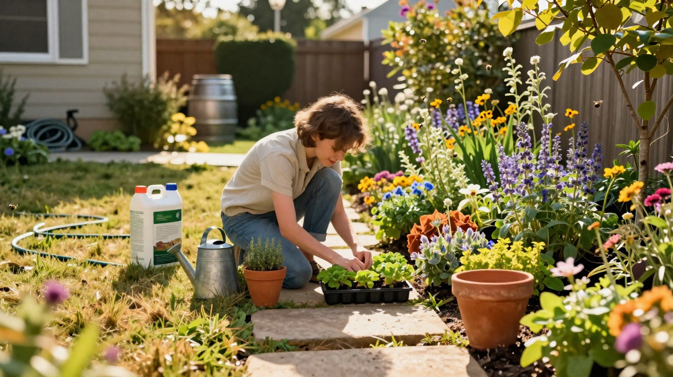 Child kneeling on garden path planting seedlings among colourful flowers in a sunny backyard garden.