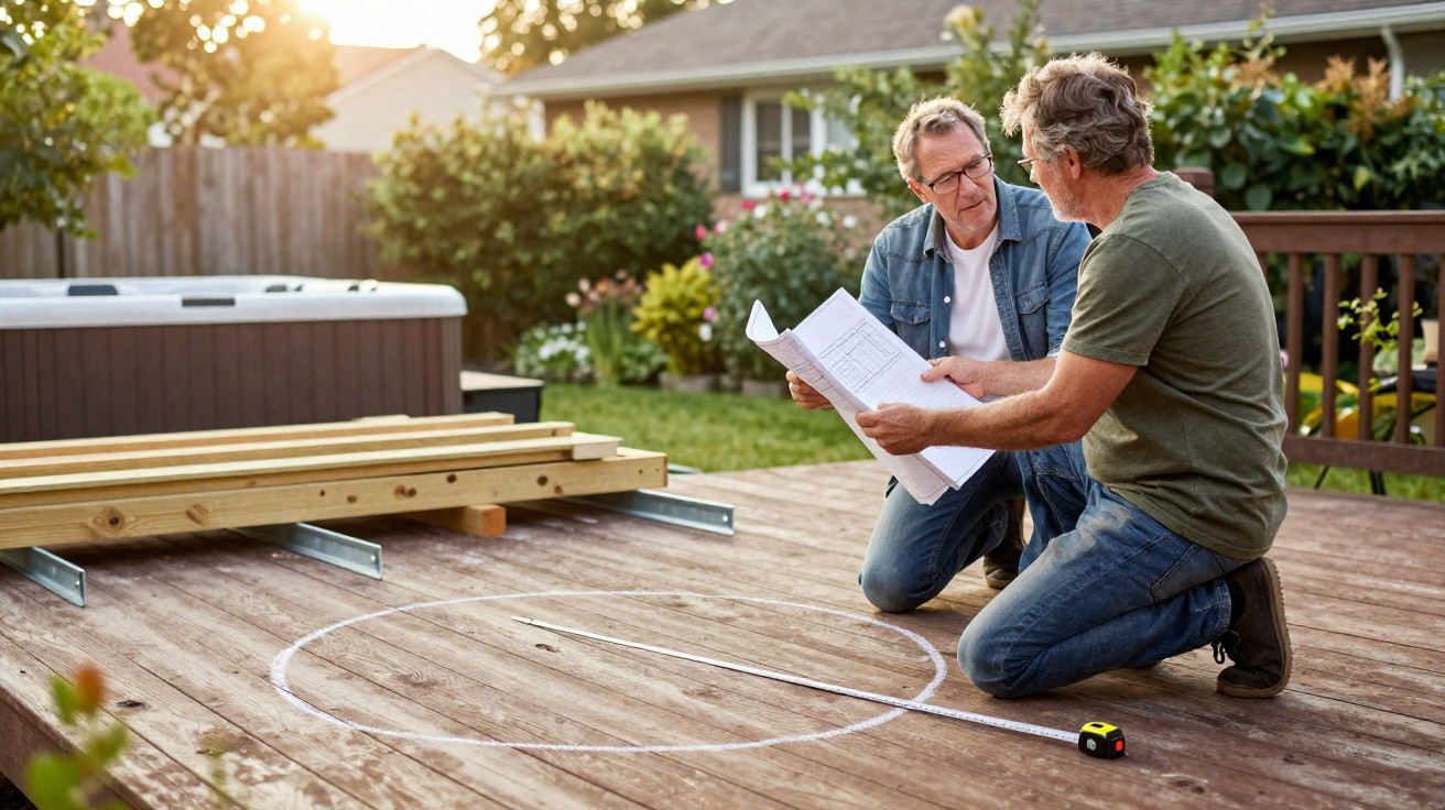 Two men kneeling on a wooden deck reviewing plans beside wooden beams and a drawn circle.
