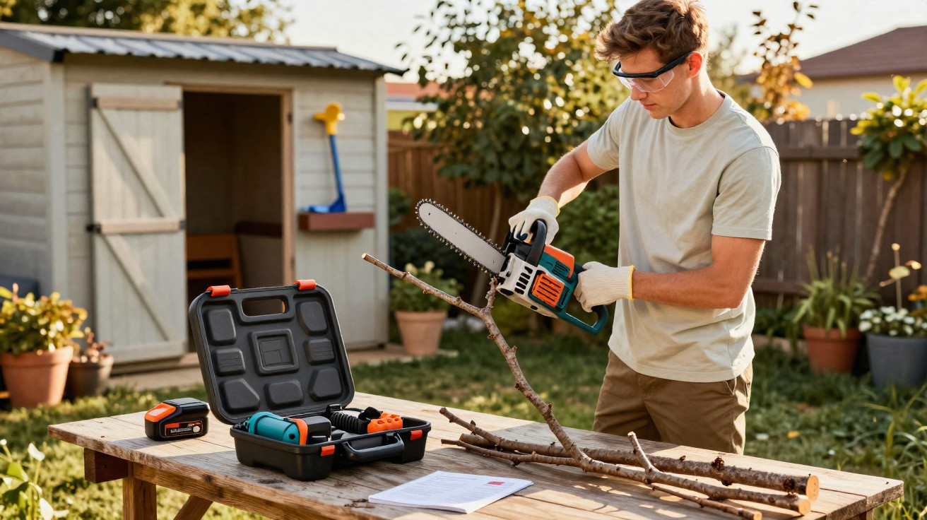 Man using a chainsaw to cut branches on a wooden table in a garden with safety goggles and gloves.