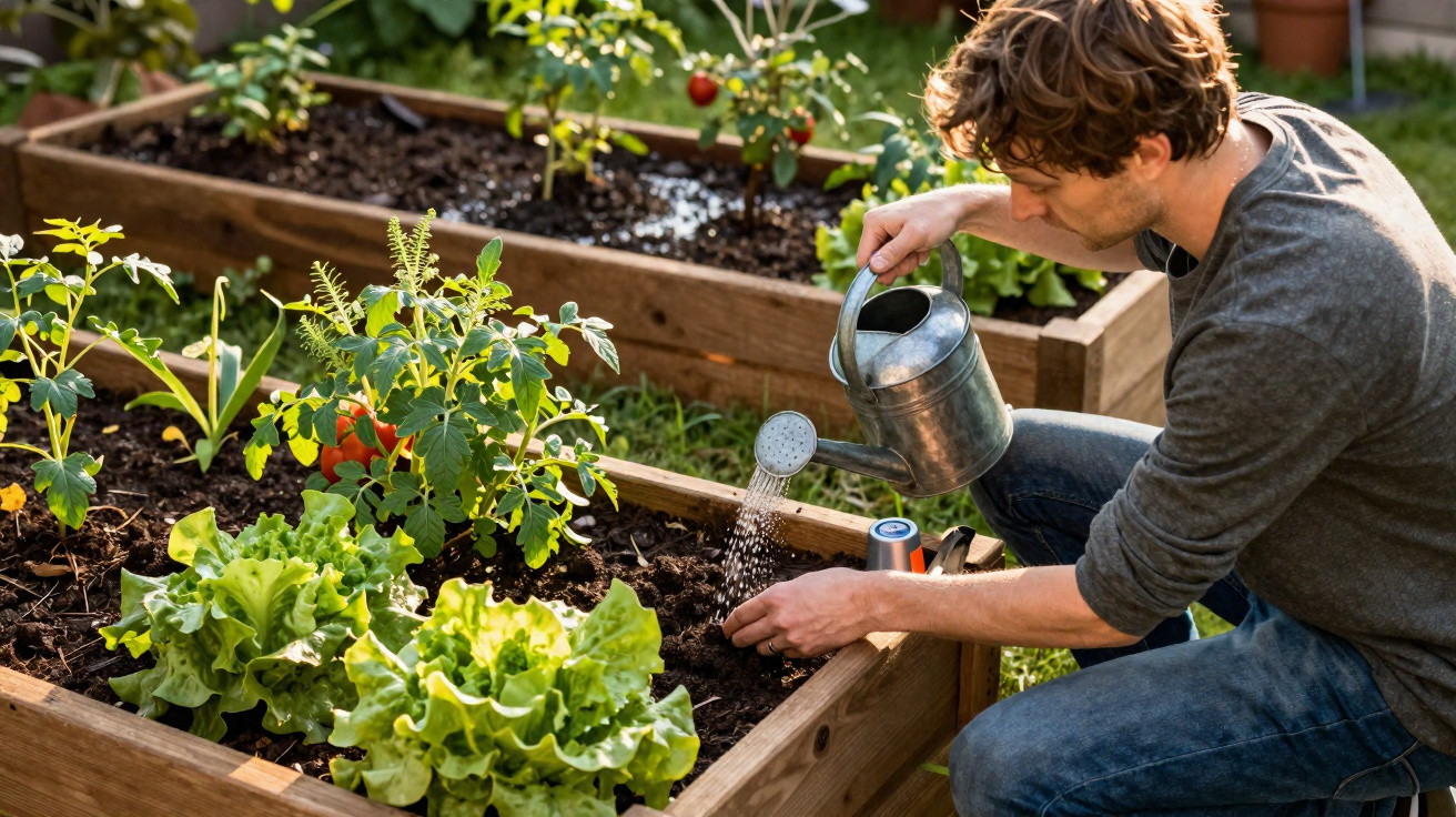 Man watering plants in a raised garden bed with lettuce and tomato plants in a sunny backyard.