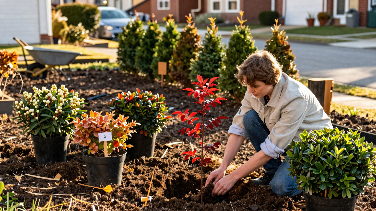 Person planting a small shrub in a garden bed surrounded by potted plants on a sunny day.