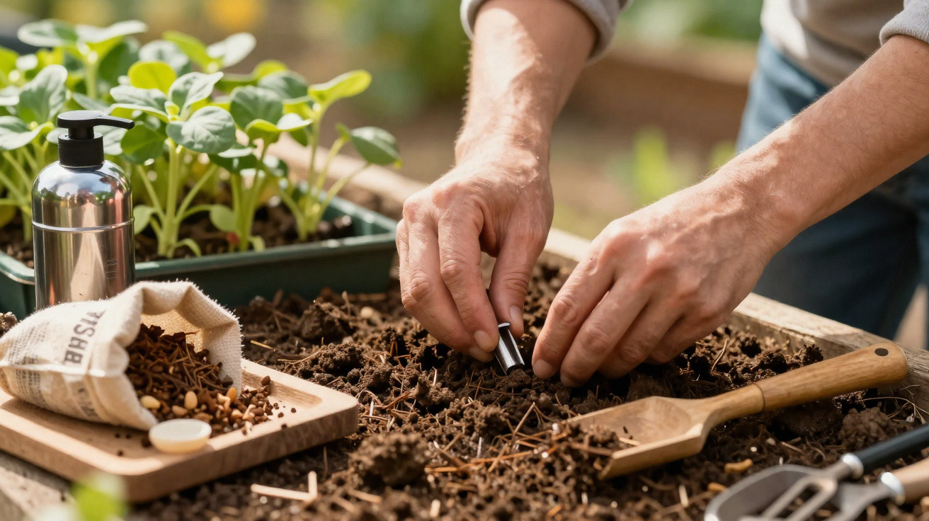 Hands planting seeds in soil with gardening tools and seedlings nearby in a garden bed.