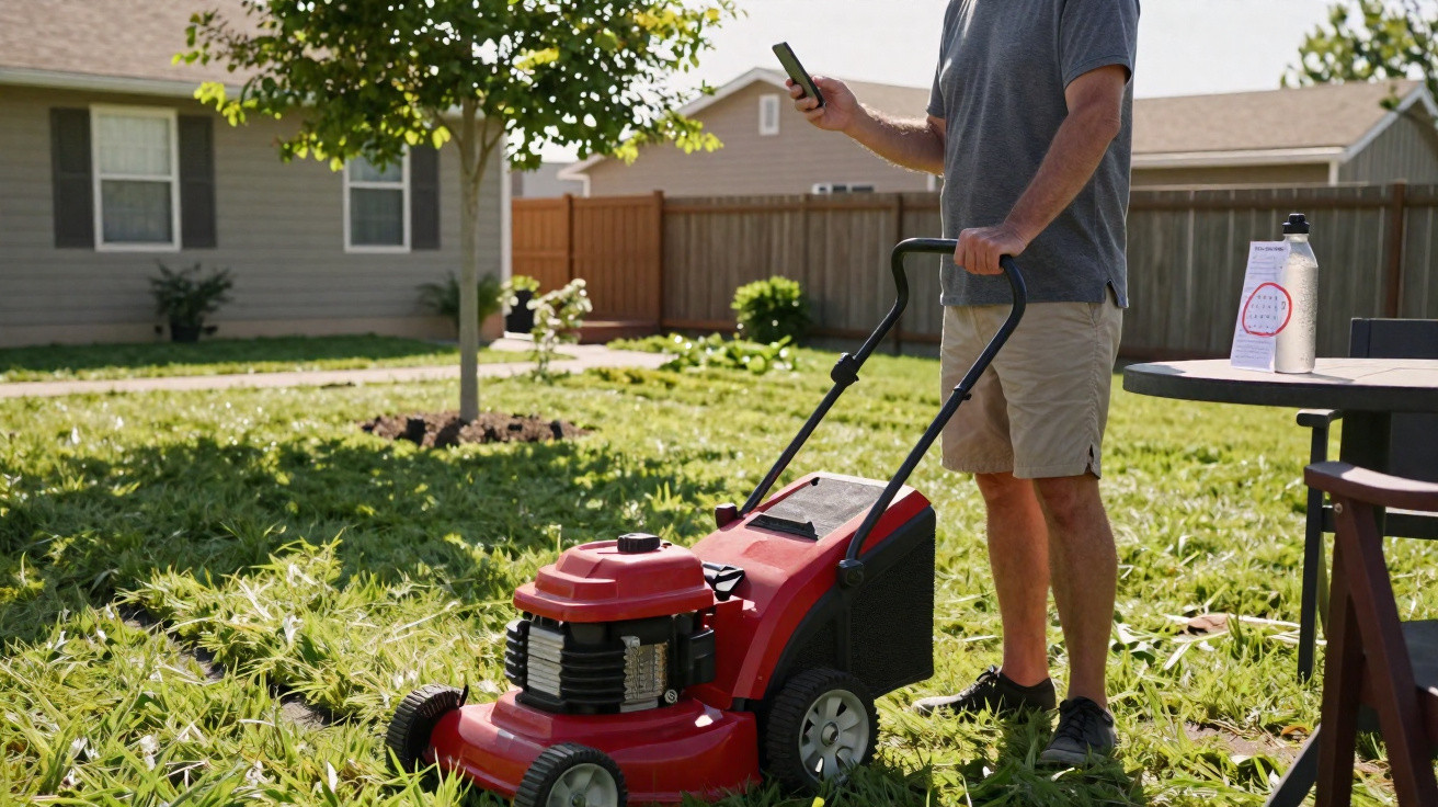 Person in shorts and t-shirt holding a phone while standing beside a red lawnmower on a grassy lawn.