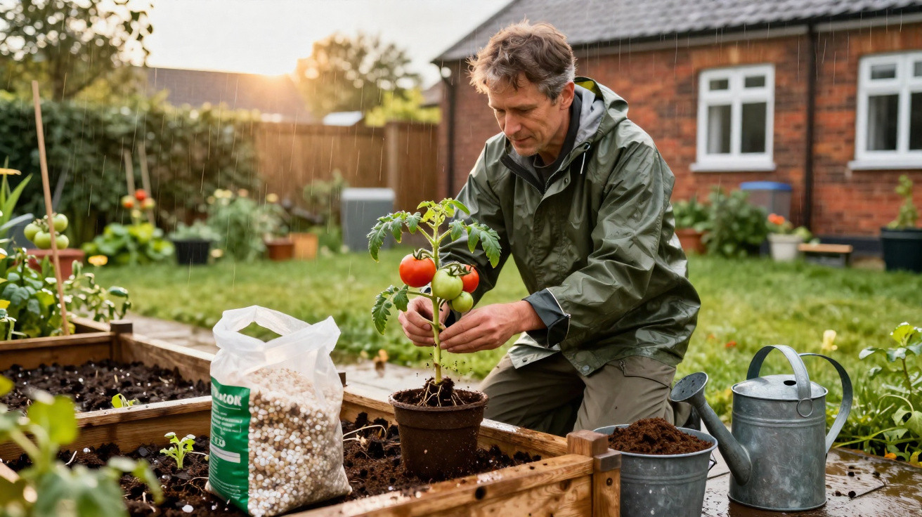 Man in raincoat planting a tomato plant in a pot in a raised garden bed during light rain.