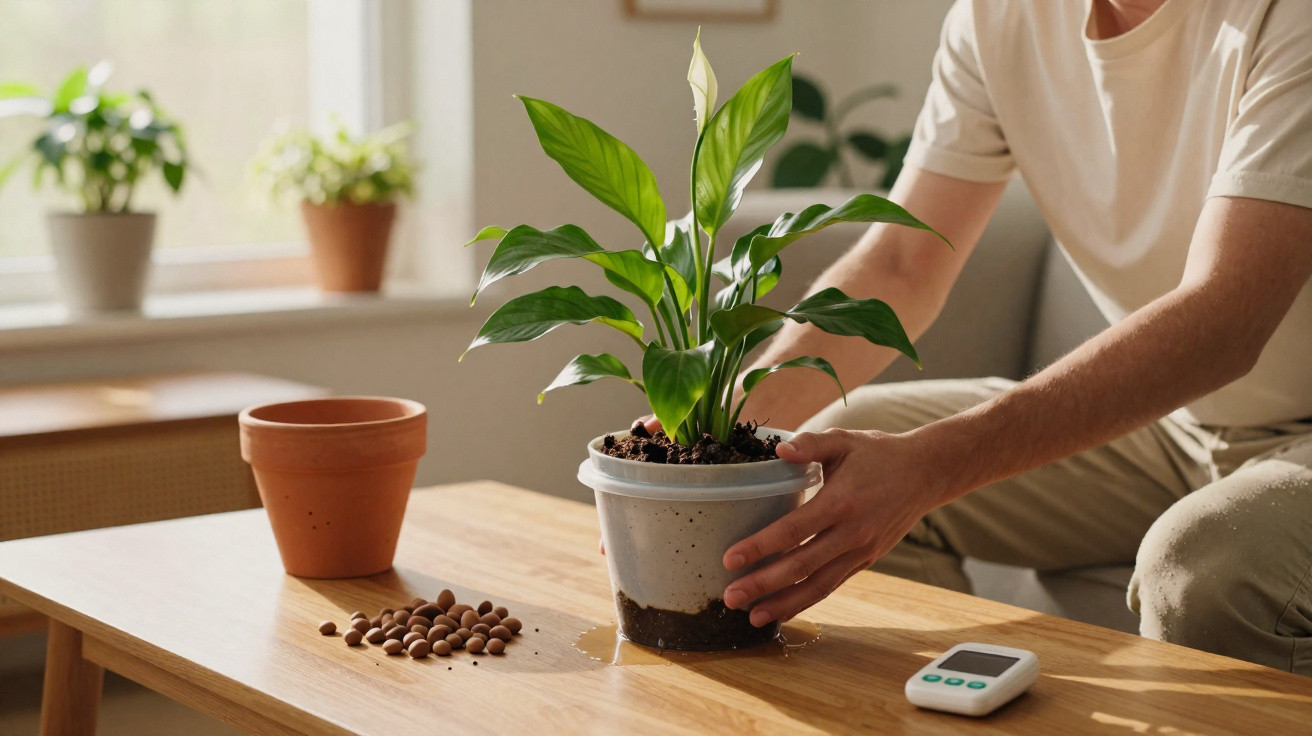 Person repotting a green houseplant on a wooden table with terracotta pot, pebbles, and a digital device nearby.