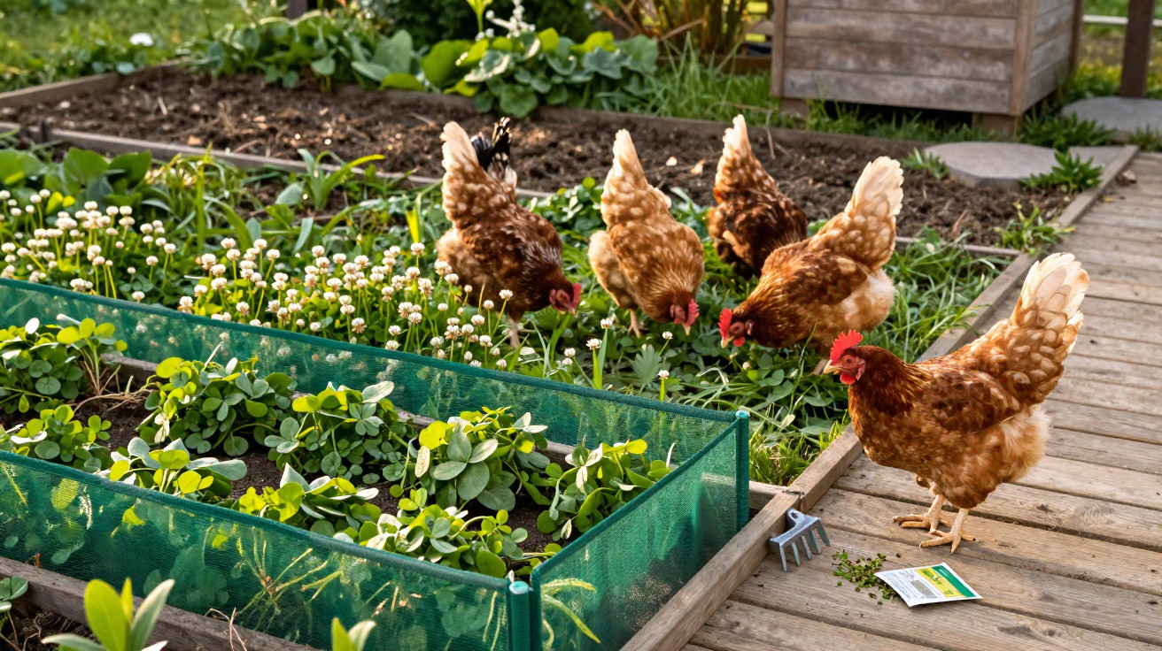 Brown hens pecking at plants and flowers in raised garden beds with wooden pathways around them.