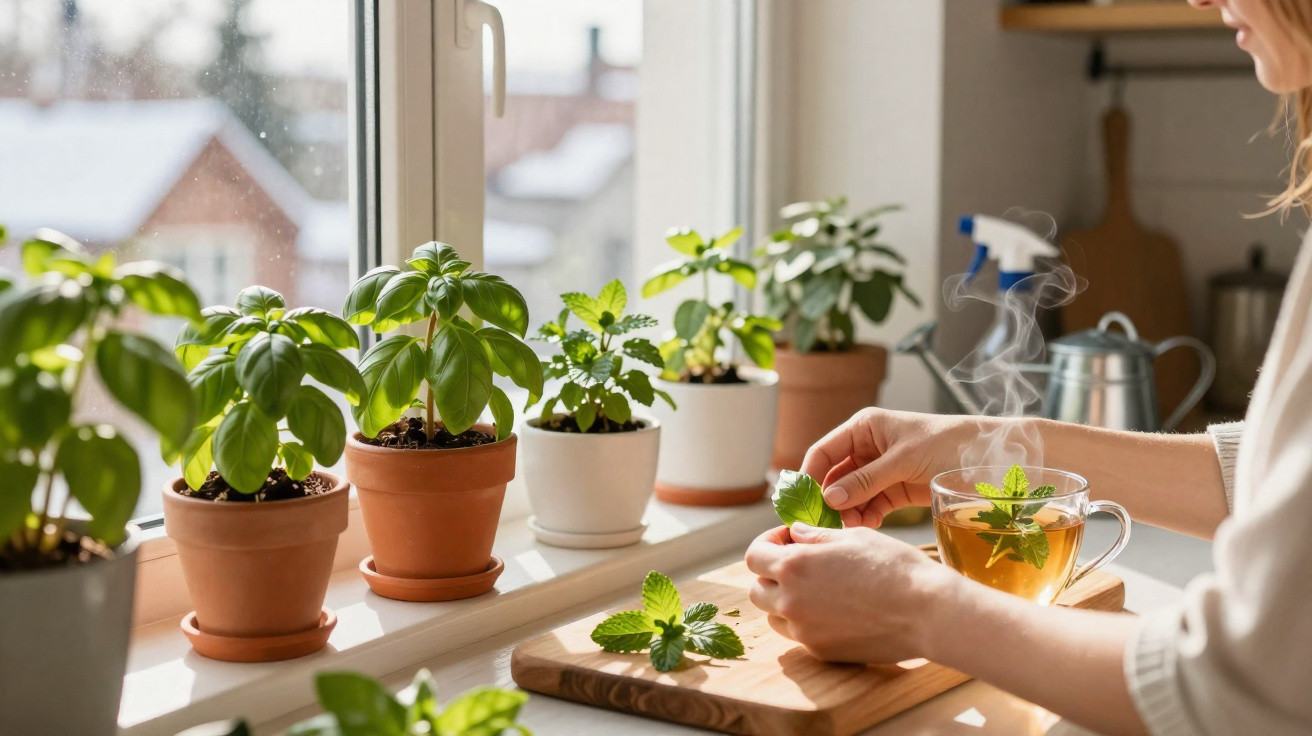 Person preparing fresh herbal tea with potted herbs on a sunny kitchen windowsill.