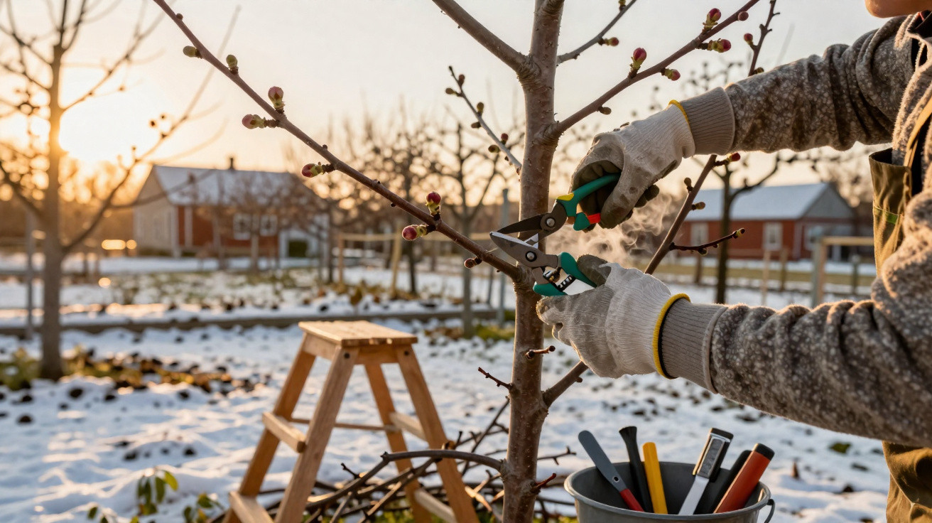 Person pruning a budding tree branch in a snowy orchard at sunrise, with gardening tools nearby.